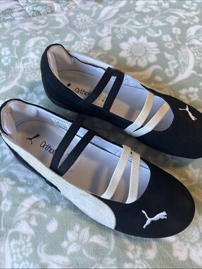 Puma Black and Cream Slip-On Ballet Flats with Dual Straps